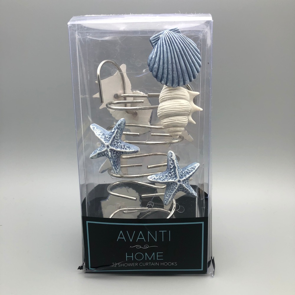 Avanti Home Abstract Coastal Shower Curtain Hooks Set of 12 Blue‎ White Beach